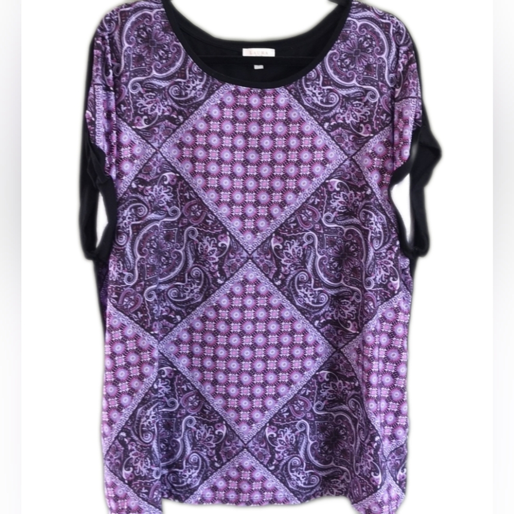 Laura Plus Mixed Media Short Sleeve Side Slit Purple Pattern Bouse Sz 1X